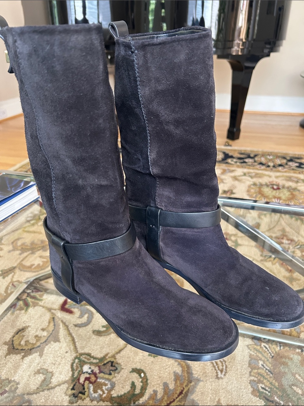 Stuart Weitzman Black Suede Mid-Calf Heeled Boots with Leather Strap